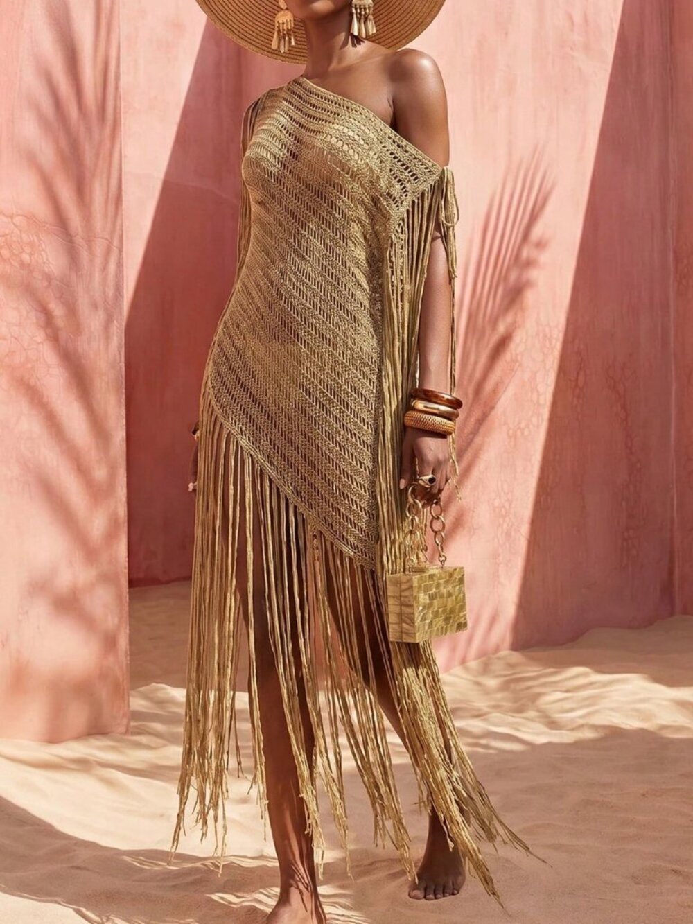 Khaki Knitted Off-Shoulder Women's Boho Tasseled Shawl Cover-Up Dress